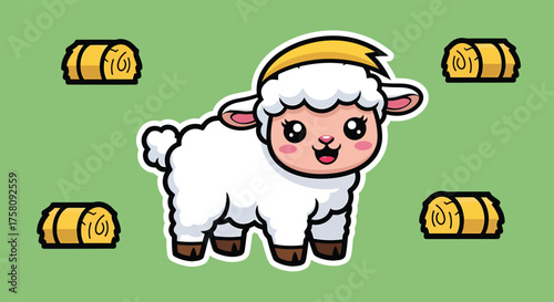 Cute sheep stands in a green field surrounded by hay bales, creating a charming and peaceful scene, perfect for children's content.