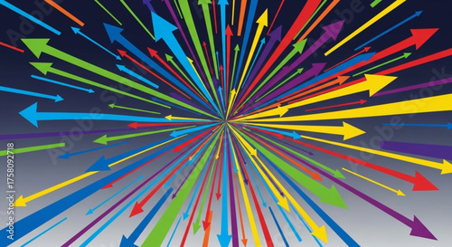 Abstract colorful radial burst of arrows spreading from a central point, representing innovation, movement, and direction.