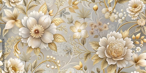 Elegant Golden and Cream Floral Tapestry Design Featuring Intricate Leaf Details and a Luxurious Aesthetic