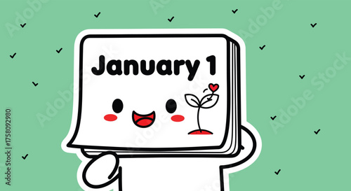 Cute calendar character celebrating january 1st with a sprouting plant, symbolizing new beginnings and fresh starts in a cheerful and optimistic mood.