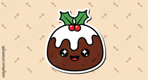 Cute christmas pudding with holly smiling cheerfully on beige surface with spoon pattern, creating a warm and festive holiday atmosphere.