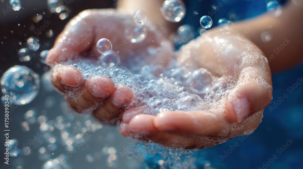 Fototapeta premium little kid hands wash with soap bubbles and rinse with clean water to prevent and stop the spread of germs after back to home, virus or covid19. Good health and good personal hygiene, virus, bacteria