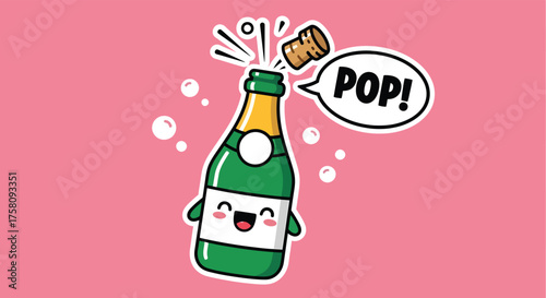 Cartoon champagne bottle character popping its cork with a happy expression against a pink backdrop, celebrating a cheerful occasion.