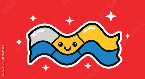 Cute cartoon sun character smiling brightly above blue waves on a red backdrop, radiating happiness and warmth with sparkling stars.