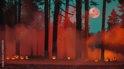 Spooky Halloween Night Glowing Pumpkins and Jack OLanterns in Misty Forest Under Full Moon
