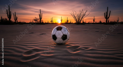 Soccer ball in desert at sunset, concept of playing soccer in a hot climate