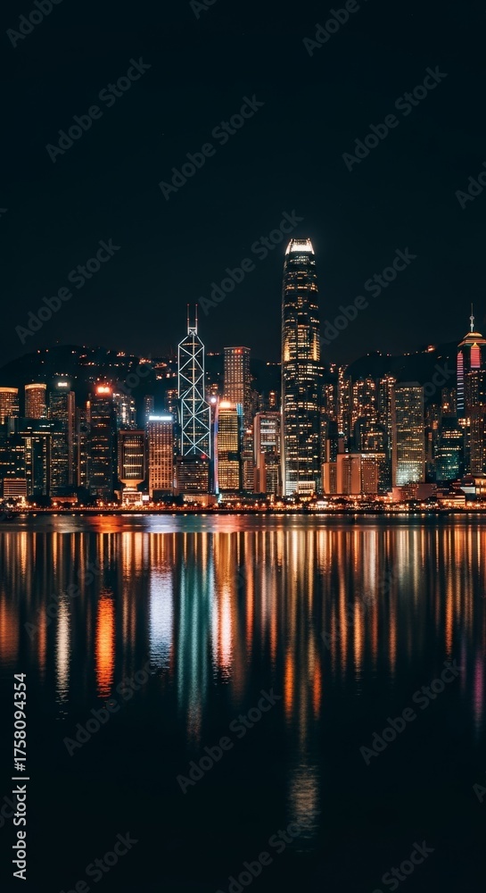 Naklejka premium City skyline at night with glowing lights reflected on water, high contrast, cinematic look, Phone wallpaper