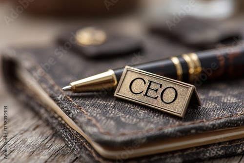 Close up view of a golden CEO nameplate resting on a textured dark notebook beside a fountain pen