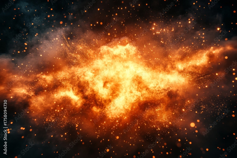 Fototapeta premium Fiery explosion of bright orange and yellow light with swirling smoke and glowing embers