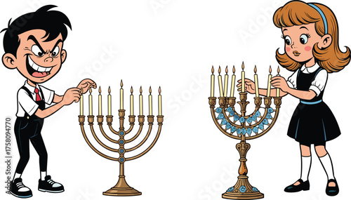 Cartoon children lighting menorah candles, Hanukkah celebration illustration, Jewish holiday tradition, happy kids in festive clothing, cultural festival artwork