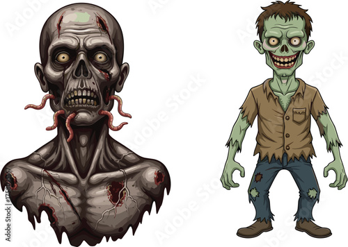 Creepy cartoon zombie characters illustration, undead monster design, horror artwork for Halloween, scary apocalypse scene, spooky fantasy art concept