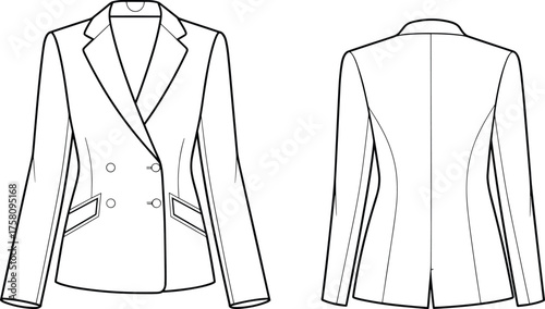 cad drawing flat vector illustration, double-breasted blazer sketch, notched lapel collar, flap pockets, fashion template, garment construction