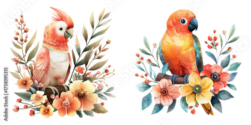 cute parrot and flowers watercolor vector illustration