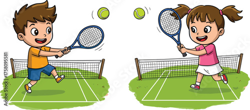 Happy kids playing tennis cartoon illustration, boy and girl on court, fun outdoor sport, active lifestyle, children’s fitness concept