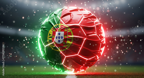 Soccer ball with the flag of portugal flies through the stadium lights