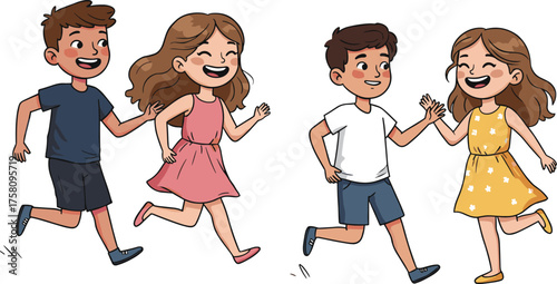 Happy kids running together outdoors, smiling boys and girls playing, fun childhood activity, friendship, outdoor recreation, healthy lifestyle, and happiness