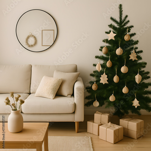 Minimal Living Room with White Sofa and Christmas Tree