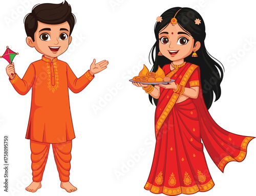 Indian children celebrating festival in traditional dress, cultural attire, joyful expression, festive sweets, Indian culture, tradition, colorful clothing, heritage celebration, happiness