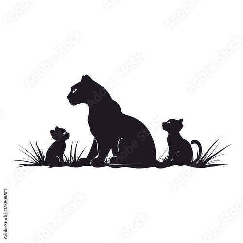 Wild cat and 2 cubs silhouette illustration wildlife vector