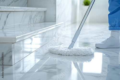 Person in blue trousers and white shoes cleans a glossy marbled floor with a white mop near marble stairs