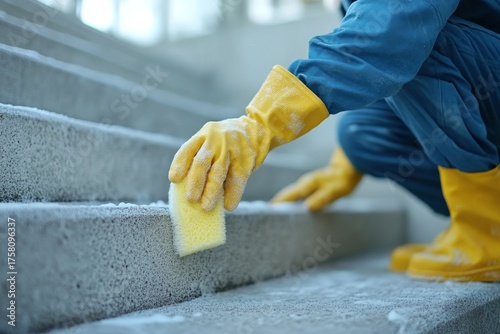 Person in yellow gloves cleaning a snowy concrete staircase winter scrubbing