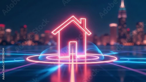 Futuristic Real Estate Technology with Glowing House Icons and Smart City Background
