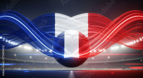 French flag with soccer ball on stadium background for sport competition