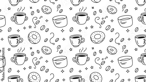 Seamless pattern with coffee cups donuts coffee beans and stars in black and white doodle style silhouette