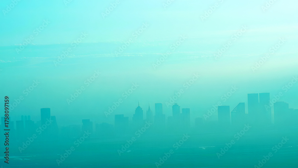 Fototapeta premium A city skyline appears enveloped in soft mist during early morning hours, creating a serene and calming atmosphere. The towering buildings are barely visible, hinting at urban life