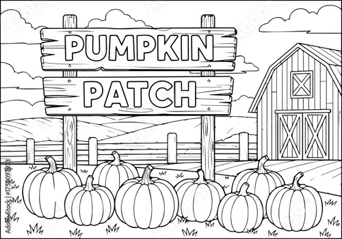 Pumpkin Patch Coloring Page for Kids Fun Autumn Farm Scene with Pumpkins and Barn Illustration