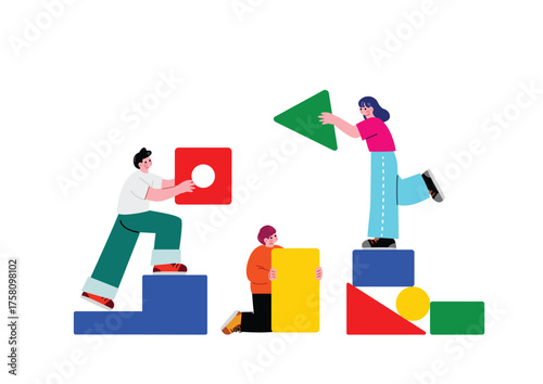 チームで協力して何かを積み上げる男女