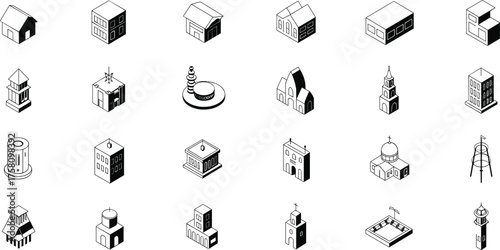 Isometric city building icons set, modern architecture, urban infrastructure, residential and commercial structures, minimal black white vector collection