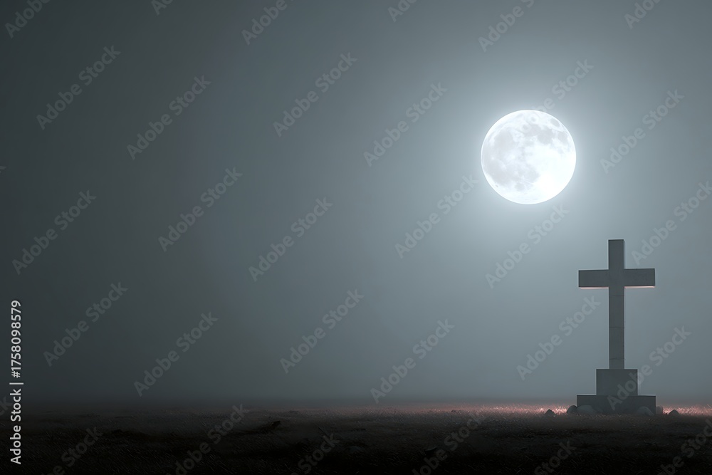 Naklejka premium Graveyard cross glowing under misty Halloween moon