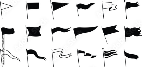 Vintage black waving flag emblem set vector retro pennant banner collection badge design.