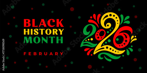 Black history month 2026 vector banner. Numbers with African colors. African-American History Month illustration for social media, card, poster on black background.