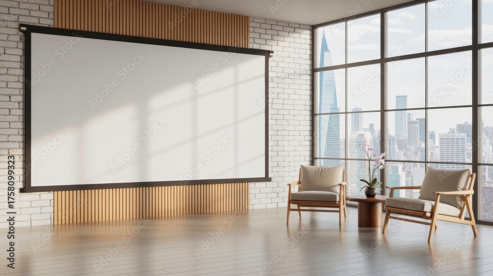 Fototapeta premium A modern room with a large screen, wooden accents, and expansive windows showcasing a city skyline.