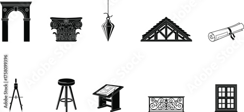 Architectural icons collection, classical arch, column capital, drafting tools, blueprint, roof truss, balcony railing, window, stool, pendant light