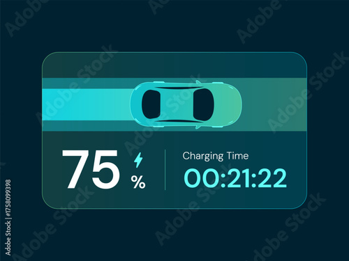 Electric Vehicle battery charging Status Dashboard Hologram Interface with data Charging and car top view progress bar vector design concept. Battery charger for EV car, ui, webste, infographic.