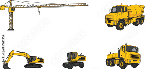 Construction vehicles illustration, tower crane, excavator, dump truck, concrete mixer, wheeled excavator, heavy equipment, civil engineering, machinery, yellow graphics