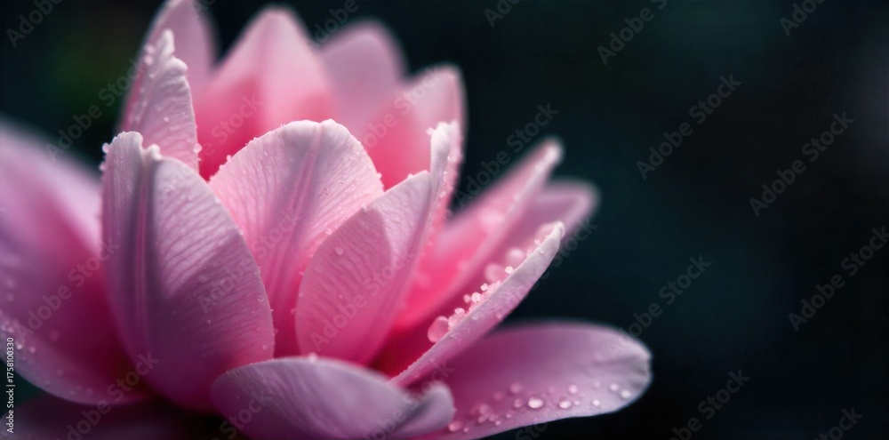 Fototapeta premium Close up of flower petals with dew drops, macro detail, serene mood, soft focus. Extreme close up of delicate flower petals adorned with tiny, sparkling dew drops. Soft focus background, creating a