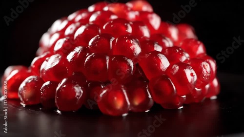 Closeup of Fresh Pomegranate Seeds on a Dark Surface.