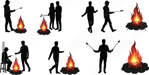 Campfire silhouettes, marshmallow roasting, outdoor activity, camping fun, group interaction, night gathering, stick holding, firelight, companionship, black figures, white background