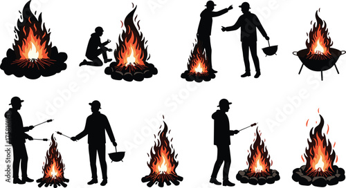 Campfire silhouettes, outdoor cooking, roasting food, camping activity, black figures, fire pit, kettle, flames, interaction, wilderness, night scene, tools
