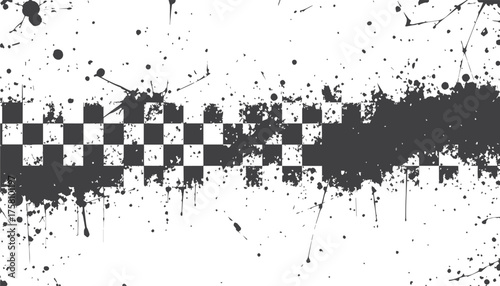  Monochrome composition featuring a diagonally shifted checkerboard overlayed with random paint splatters and distressed textures. This abstract background conveys chaos, energy