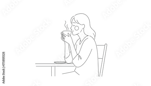 A woman enjoying a warm cup of coffee or tea, line art illustration 