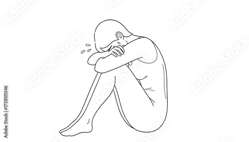 Sadness and despair depicted by a person curled up in a fetal position, crying with tears 