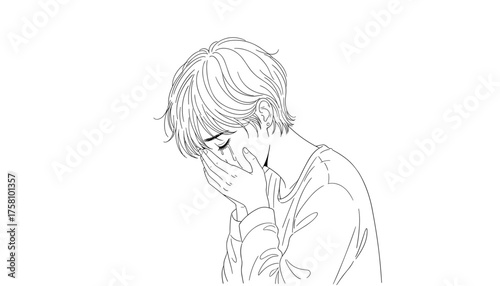 Sad boy crying, covering face with hands, line art illustration 
