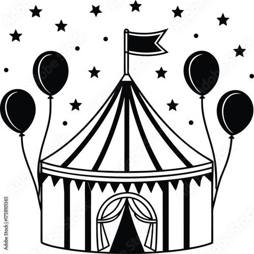 Vector art of circus tent with balloons and stars