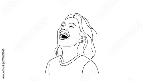 Line art illustration of a young woman laughing heartily 