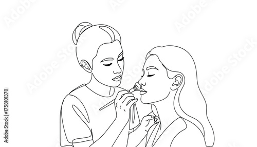 Makeup artist applying makeup to a womans face with a brush, line art illustration 